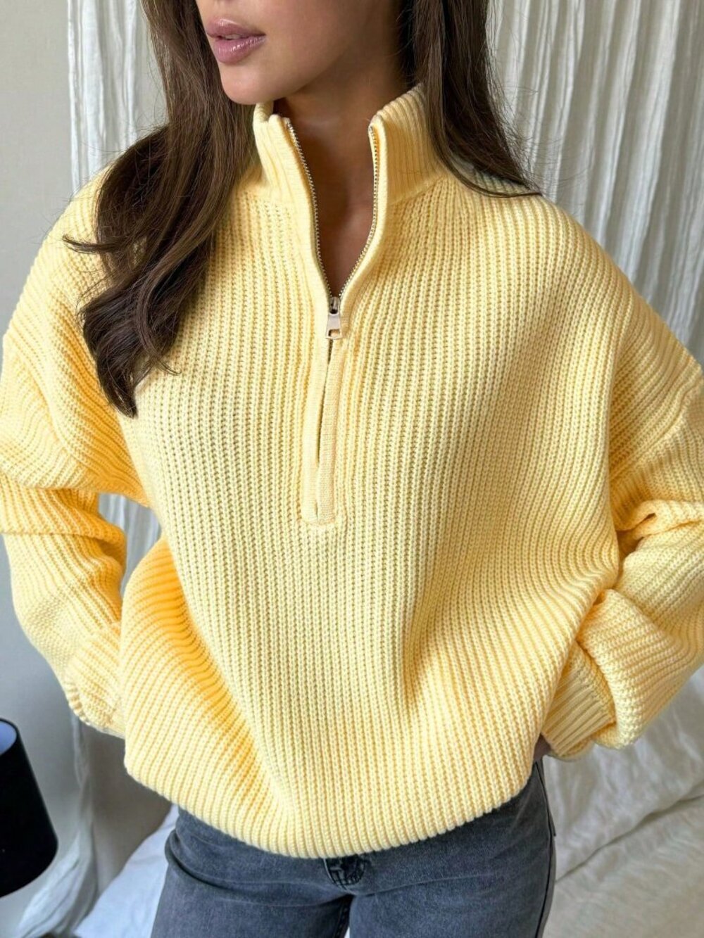 Yellow Women's Casual Ribbed Long Sleeve Sweater